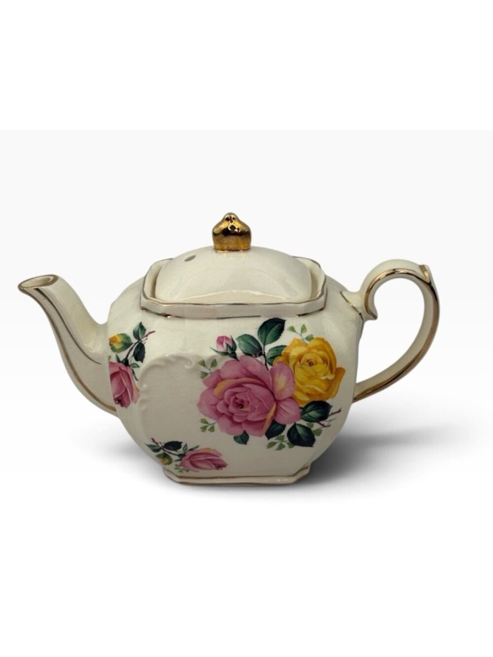 -Vintage SADLER ENGLAND Square Cube TEAPOT PINK ROSE with Gold Trim A38